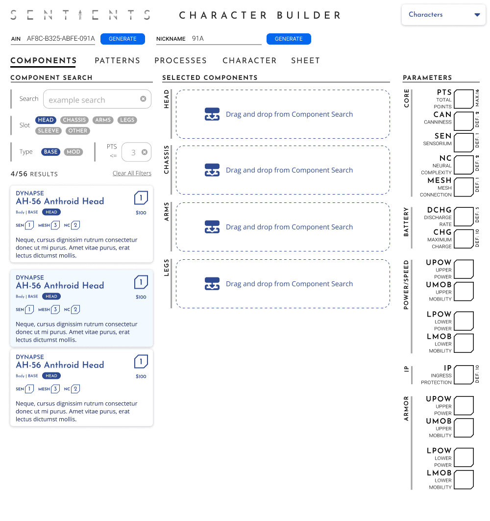 Sentients Character Builder